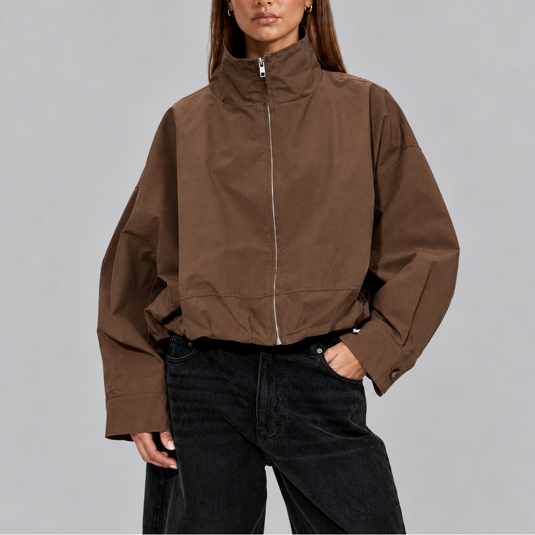 Women's Cropped High Neck Bomber Jacket with Oversized Fit-Loom Union