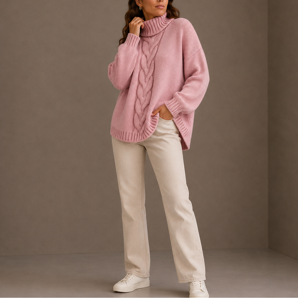 Women's Oversized Cable Knit Turtleneck Winter Sweater-Loom Union