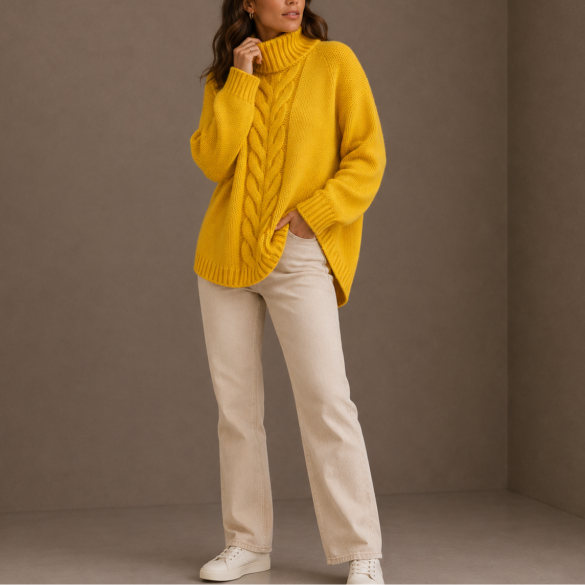 Women's Oversized Cable Knit Turtleneck Winter Sweater-Loom Union