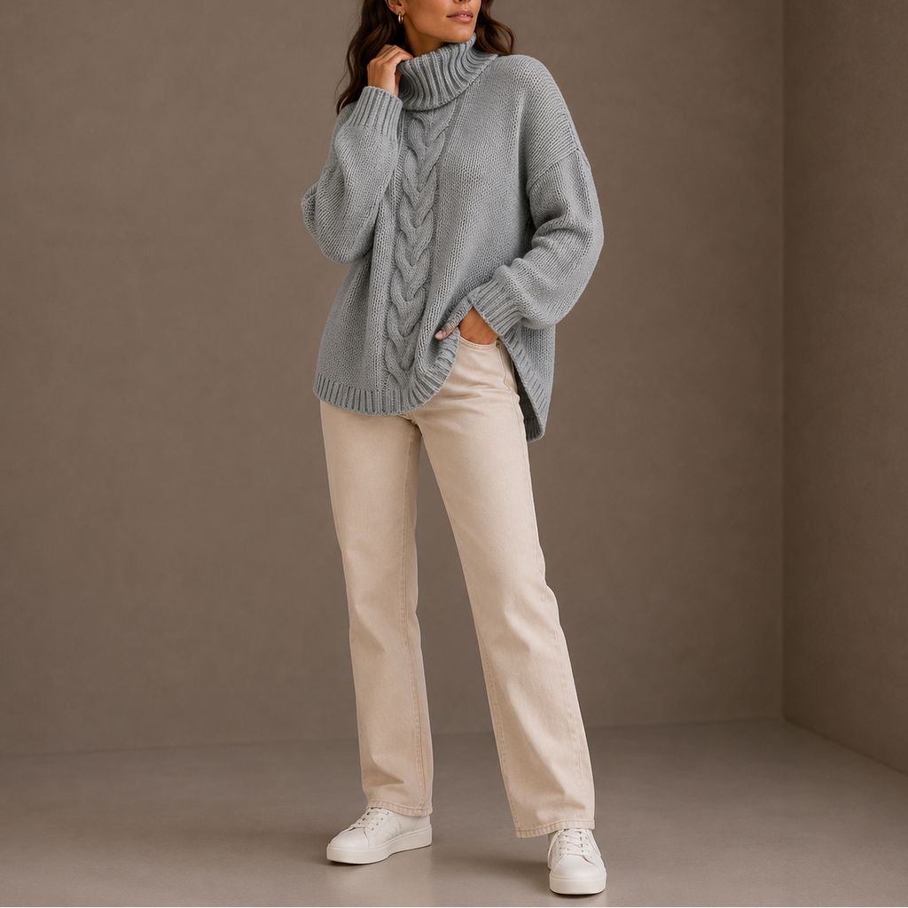 Women's Oversized Cable Knit Turtleneck Winter Sweater-Loom Union