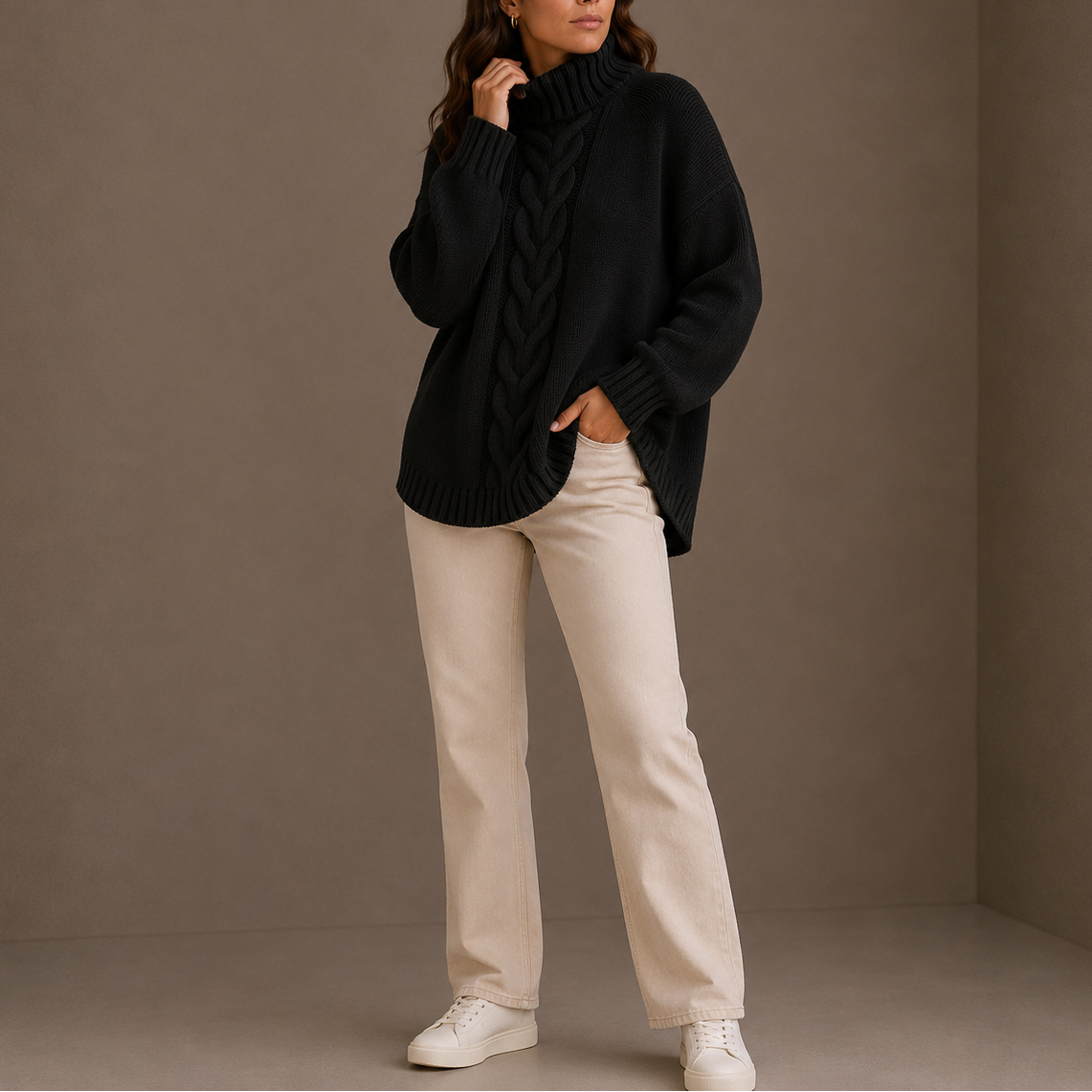 Women's Oversized Cable Knit Turtleneck Winter Sweater-Loom Union