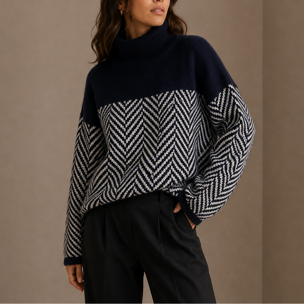 Women's Oversized Herringbone Turtleneck Winter Sweater-Loom Union