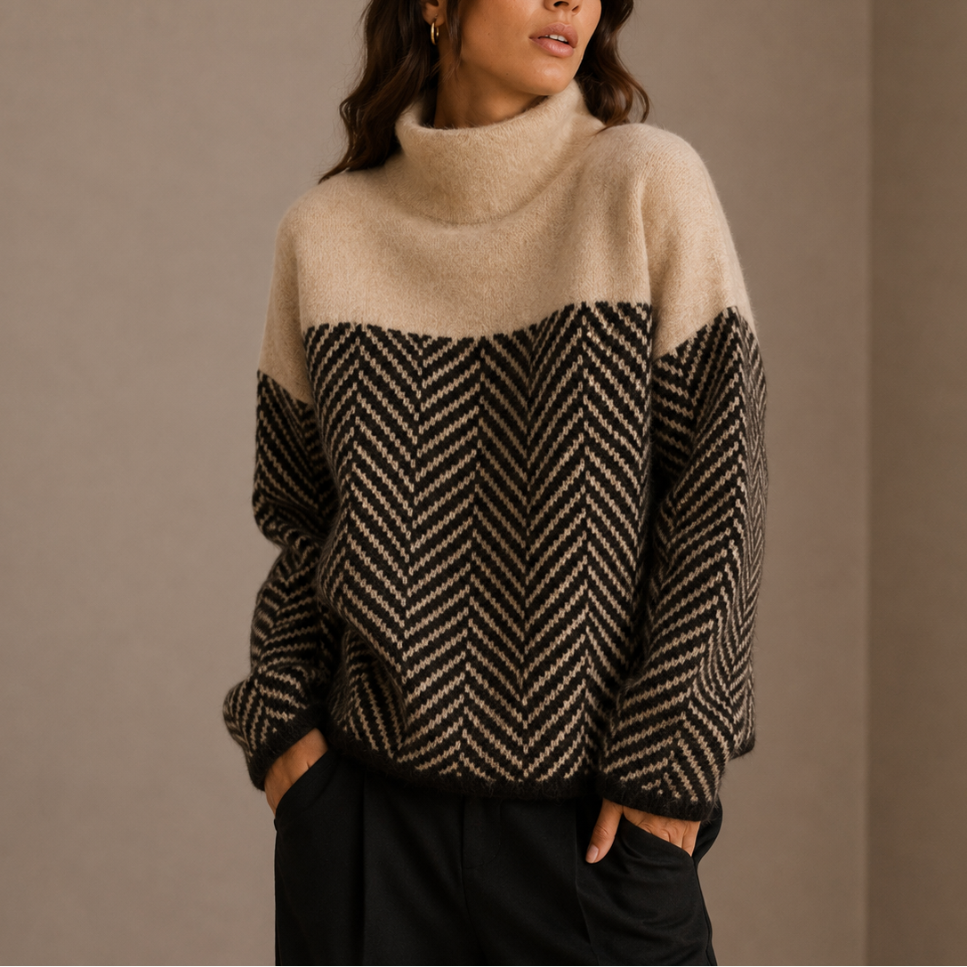 Women's Oversized Herringbone Turtleneck Winter Sweater-Loom Union