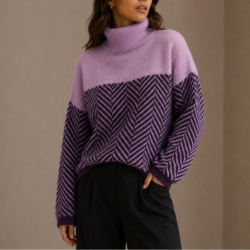 Women's Oversized Herringbone Turtleneck Winter Sweater-Loom Union