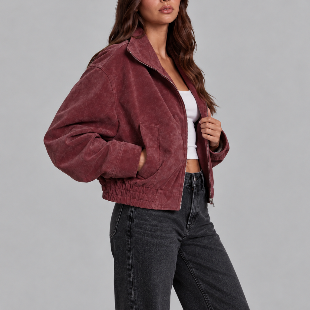 Women's Oversized Suede Bomber Jacket | Vintage Zip-Up Outerwear-Loom Union