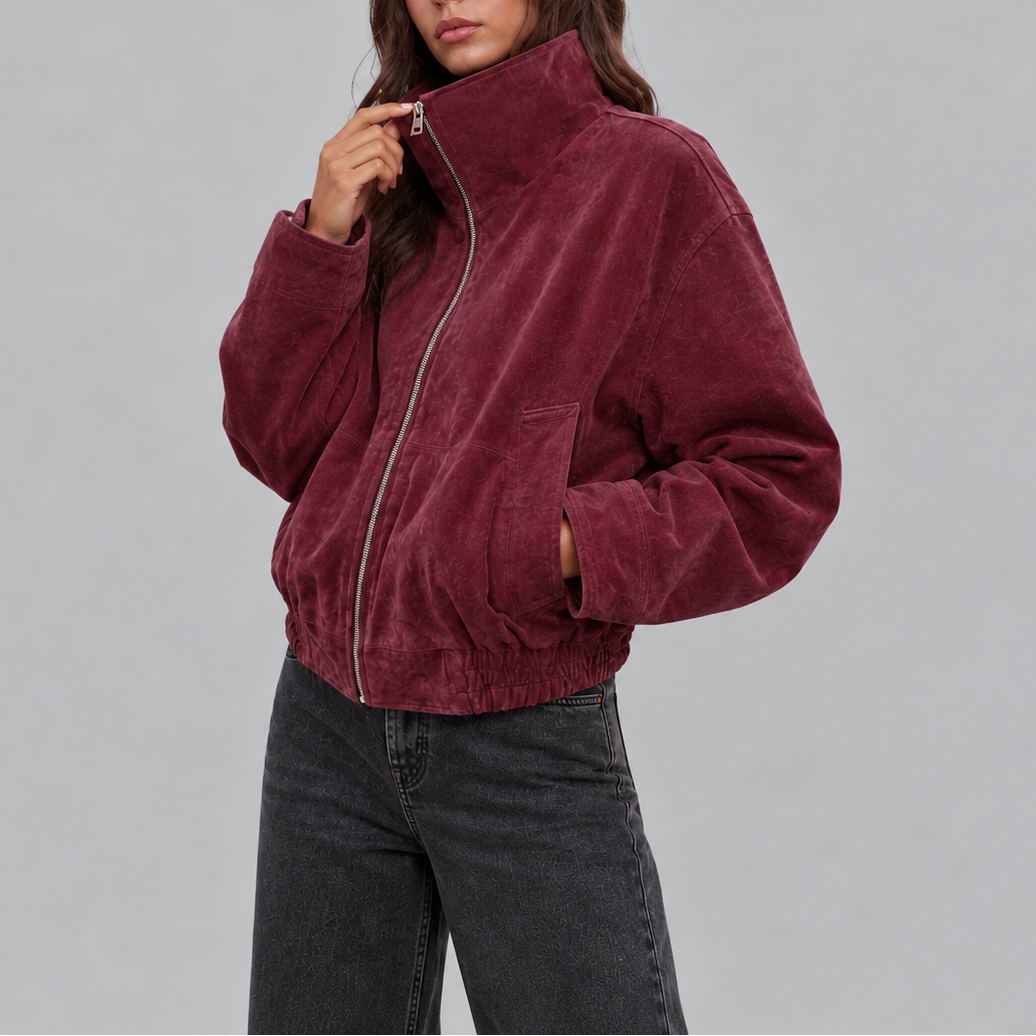 Women's Oversized Suede Bomber Jacket | Vintage Zip-Up Outerwear-Loom Union