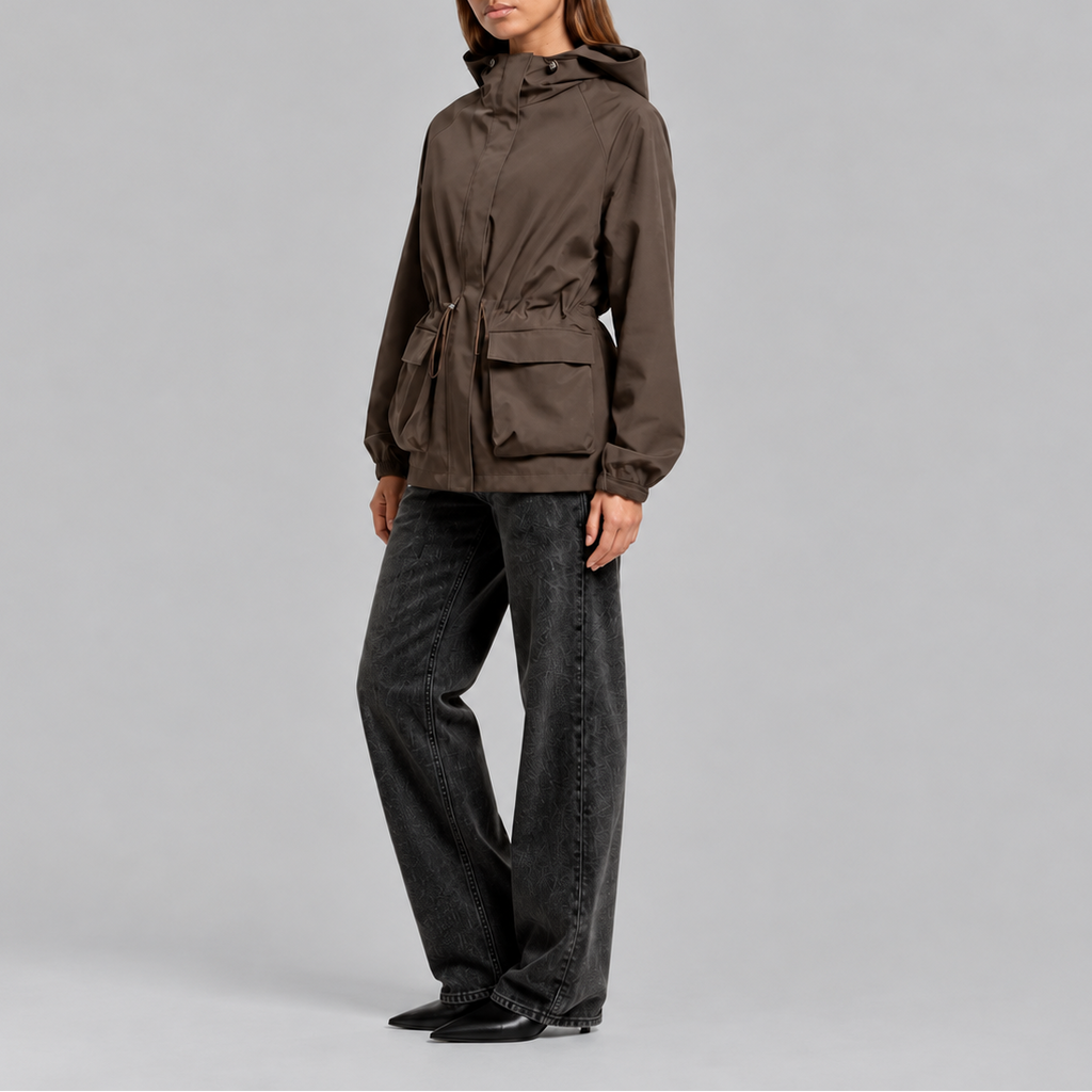 Women's Waterproof Hooded Jacket with Adjustable Waist Drawstring-Loom Union