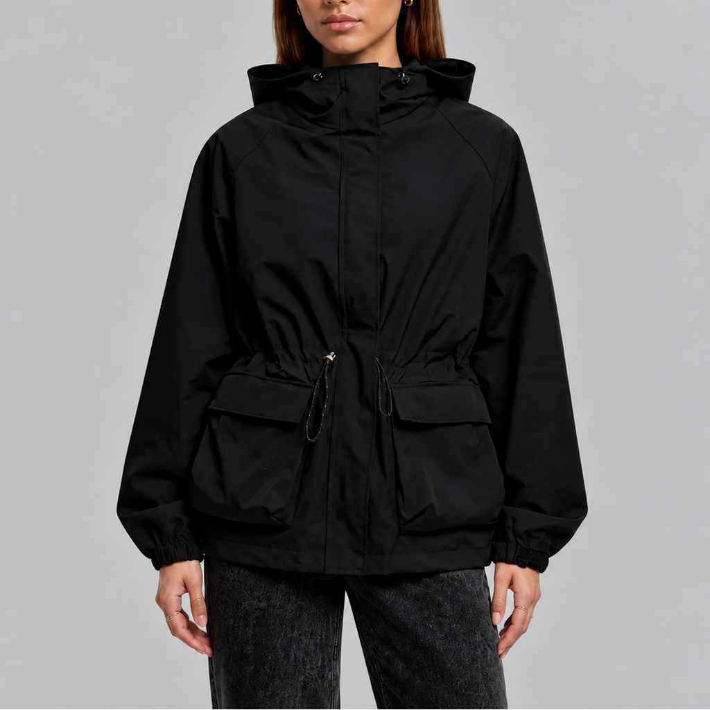 Women's Waterproof Hooded Jacket with Adjustable Waist Drawstring-Loom Union