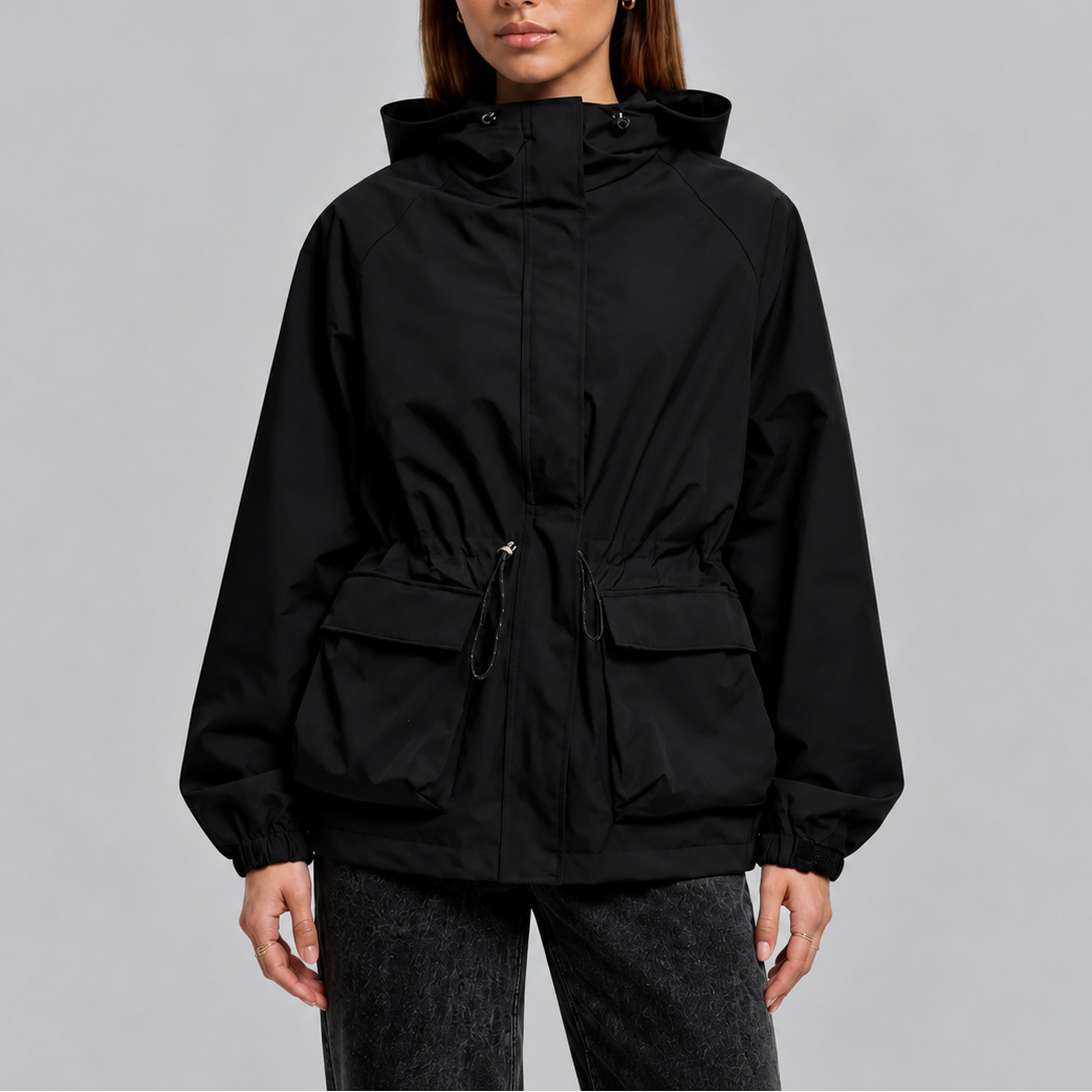 Women's Waterproof Hooded Jacket with Adjustable Waist Drawstring-Loom Union