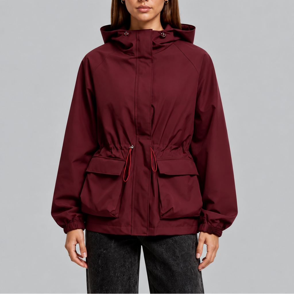 Women's Waterproof Hooded Jacket with Adjustable Waist Drawstring-Loom Union