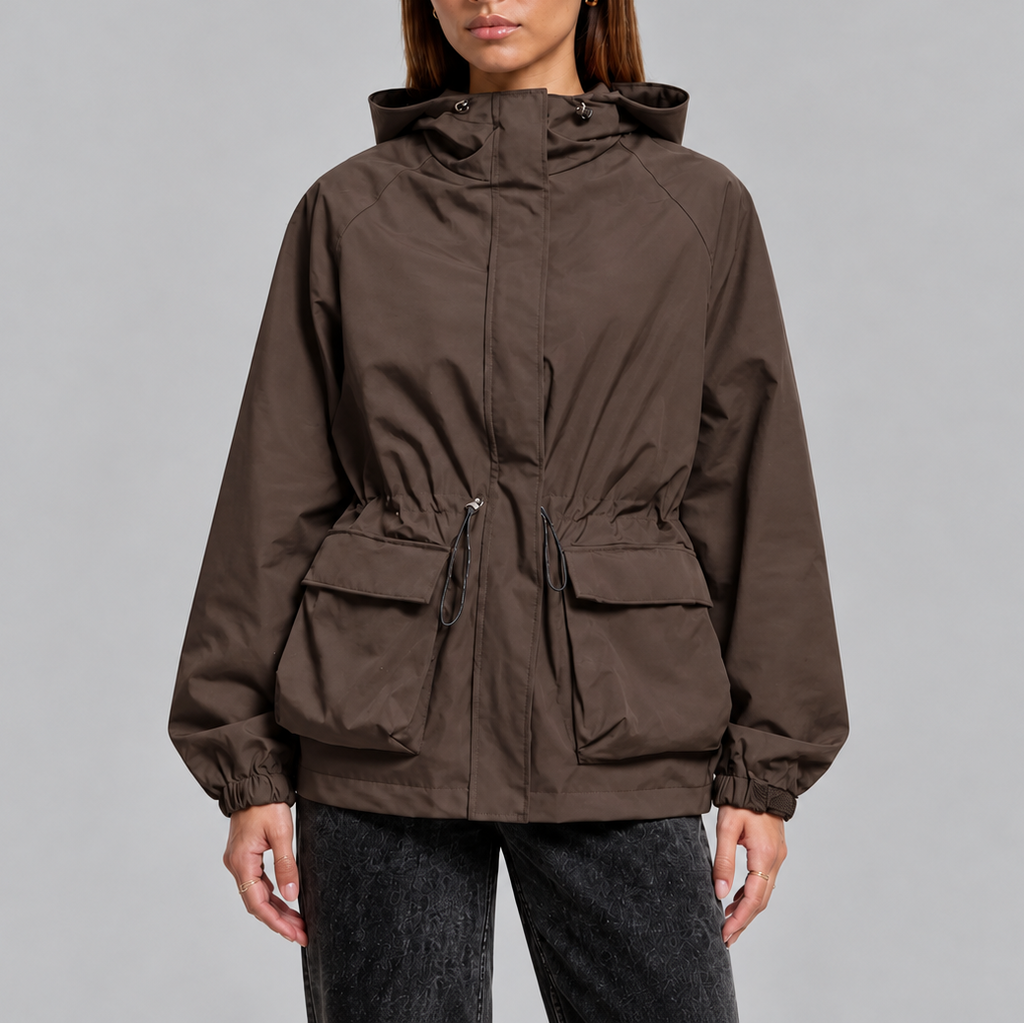 Women's Waterproof Hooded Jacket with Adjustable Waist Drawstring-Loom Union
