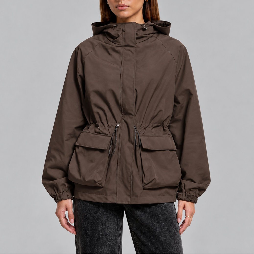 Women's Waterproof Hooded Jacket with Adjustable Waist Drawstring-Loom Union